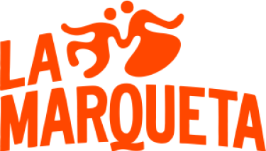 Bold orange text reads La Marqueta with a stylized illustration of two figures dancing above it, also in orange.