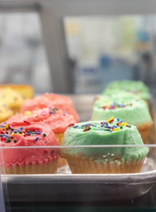 A display case with colorful cupcakes topped with pink and green frosting, each adorned with rainbow sprinkles. The cupcakes are arranged on a metal tray.